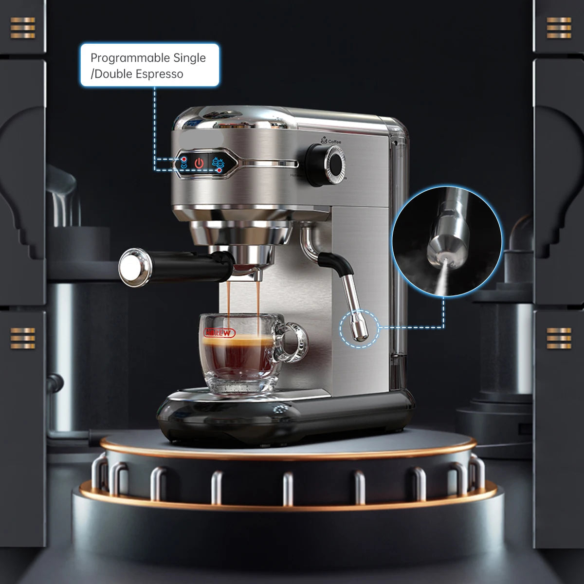 Espressomachine – 20 Bar – Compact Koffiezetapparaat - Semi-Automatisch - 1.1L - 1450W - ESE Pads - en Gemalen Koffie – RVS - Heetwaterfunctie - QUORE