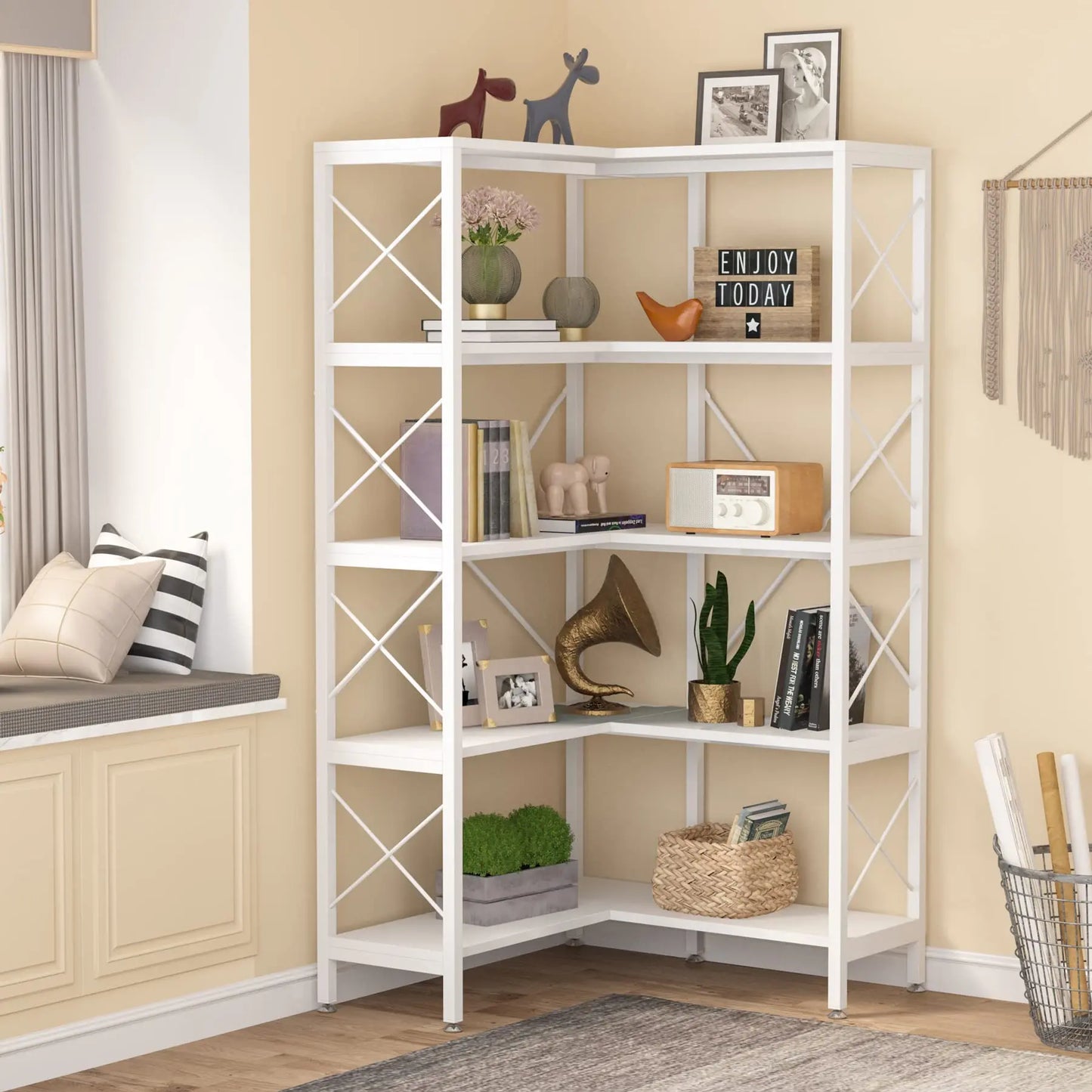 Hoekboekenkast – Hoekkast – Boekenrek – Opbergkast – L-Vormig – MDF Materiaal – 5 Stevige Planken