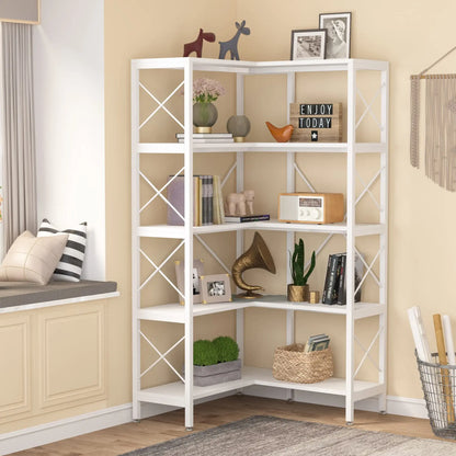 Hoekboekenkast – Hoekkast – Boekenrek – Opbergkast – L-Vormig – MDF Materiaal – 5 Stevige Planken
