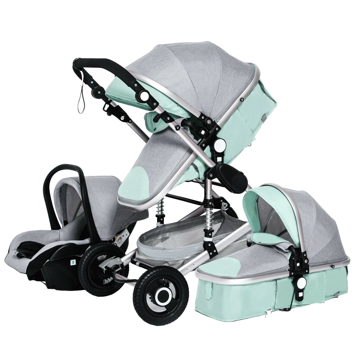 Kinderwagen - Buggy - Baby Kinderwagen 3 in 1 - Luxe Draagbare Reiswieg met Aluminium Frame - Opvouwbare Wandelwagen - Hoog Landschap Babywagen - Groen-Grijs