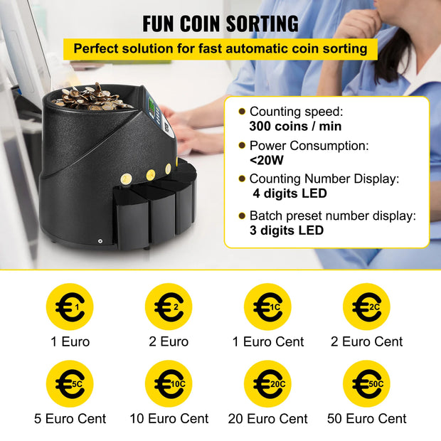 VEVOR Euro Munt Sorter en Teller - 300 Munten per Minuut - Professionele Elektrische Automatische Muntmachine met LED Display - Ideaal voor School, Winkel, Bank en Commercieel Gebruik - QUORE