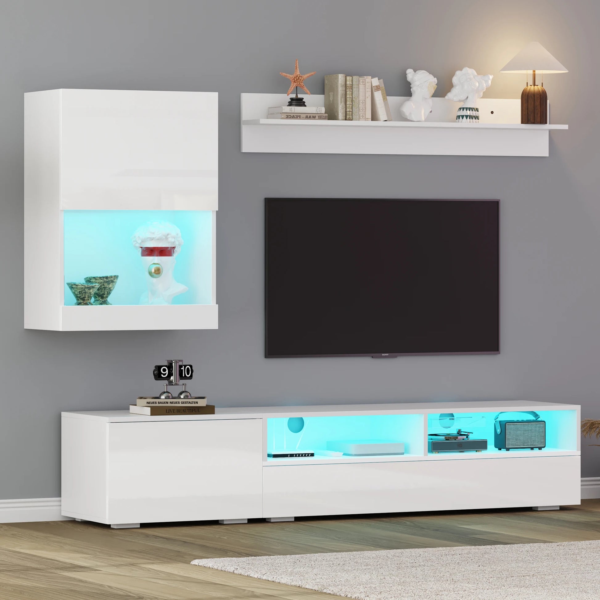 TV Meubel – TV Kast – TV Wandmeubel – TV Dressoir – TV Rek – Hoogglans Wit – LED Verlichting – Complete 3-Delige Set 175x39x34 cm - QUORE