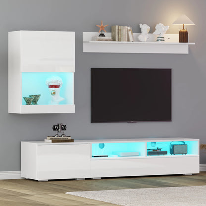 TV Meubel – TV Kast – TV Wandmeubel – TV Dressoir – TV Rek – Hoogglans Wit – LED Verlichting – Complete 3-Delige Set 175x39x34 cm - QUORE