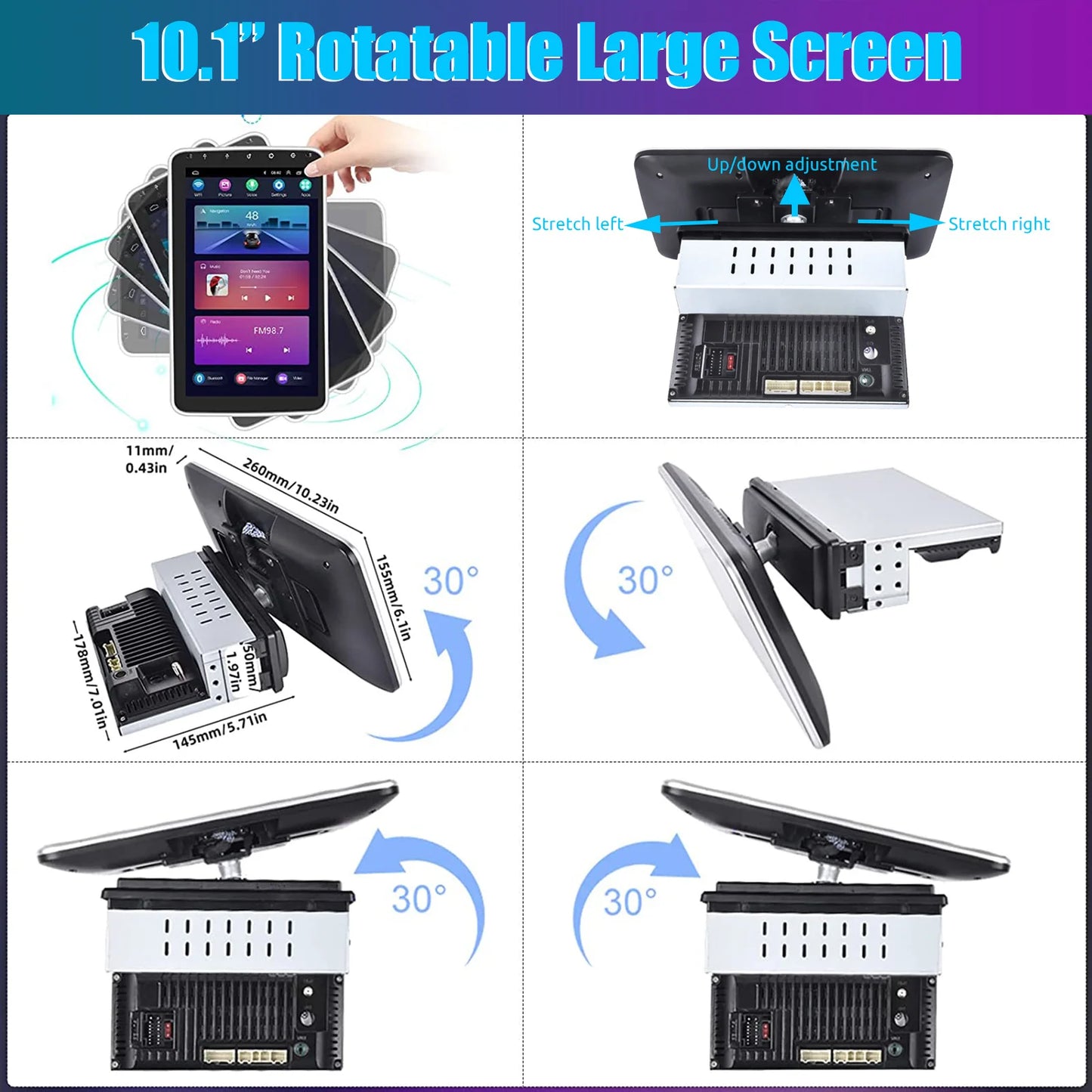 Multimedia Autoradio - Android Autoradio - Draaibare - Universeel Multimedia Systeem - CarPlay - GPS Navigatie - Bluetooth - 10.1" - Touchscreen - 64G - QUORE