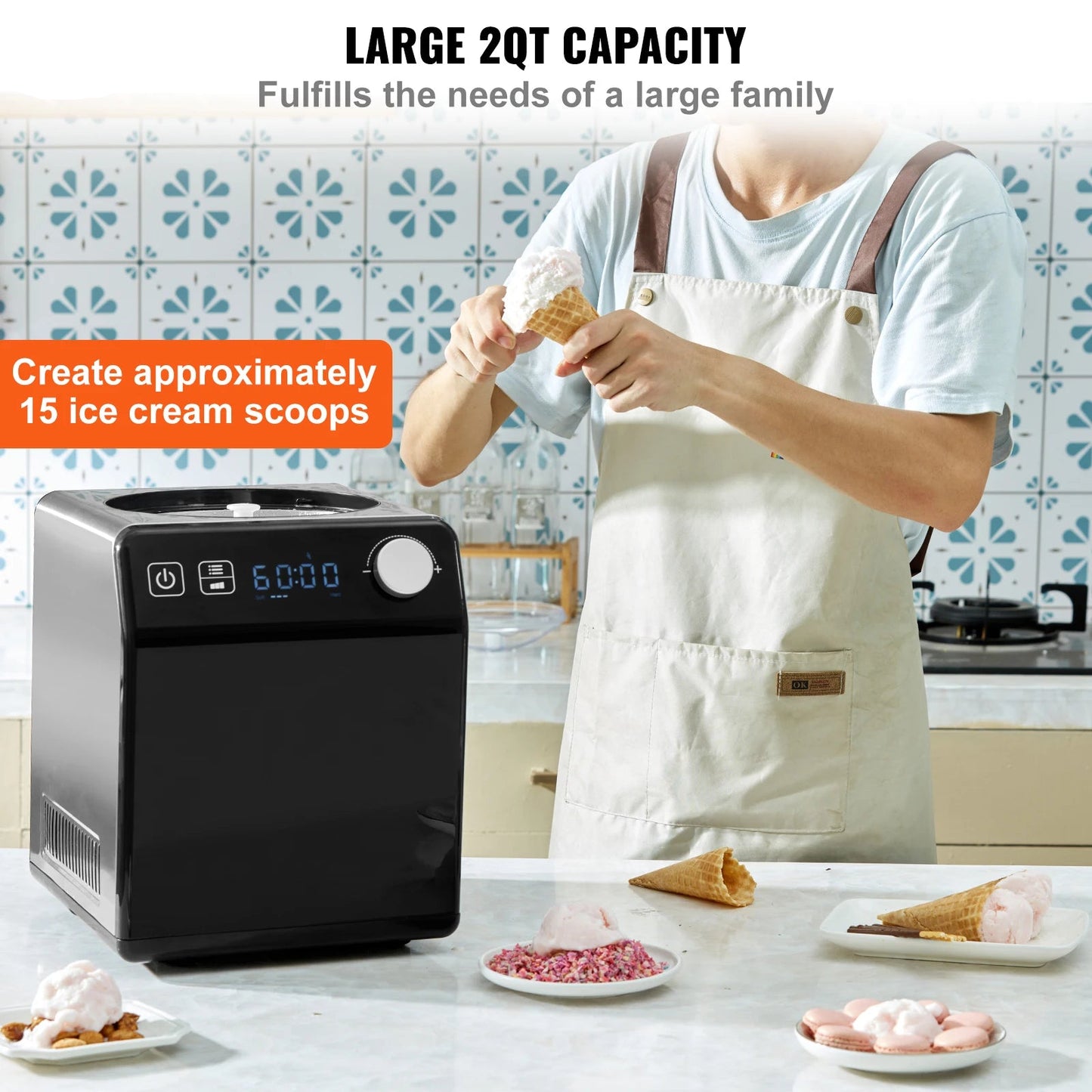 IJsmachine - IJsmaker - Automatisch - Horizontale 2QT - 180W - <60dB - met Lepel - Handleiding - Receptenboek - Maatbeker - Mengstaaf - Zwart/Zilver
