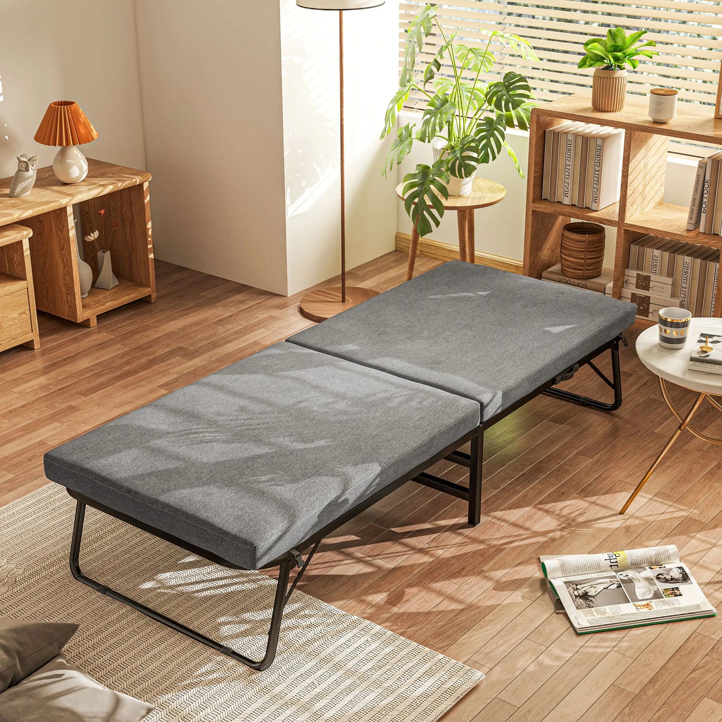 Opvouwbed – Vouwbed – Opklapbed – Logeerbed – Eenpersoonsbed – Inklapbaar Met Matras – Verstelbare Rugleuning 5 Standen - Grijs - QUORE