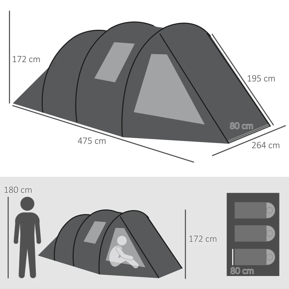 Tunneltent – Campingtent - 4-Persoons Tent – Kampeertent – Gezinstent – Waterdicht – 2 Gescheiden Ruimtes – Glasvezelstokken - 475 x 264 x 172 cm - Zwart