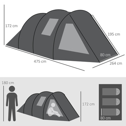Tunneltent – Campingtent - 4-Persoons Tent – Kampeertent – Gezinstent – Waterdicht – 2 Gescheiden Ruimtes – Glasvezelstokken - 475 x 264 x 172 cm - Zwart