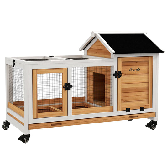 Konijnenkooi – Caviakooi – Huisdieren Kooi – Kleine Dieren Verblijf – Stevig Hout – Uitneembare Tray - 108 x 58 x 73.5 cm - Natuurlijk Hout - QUORE