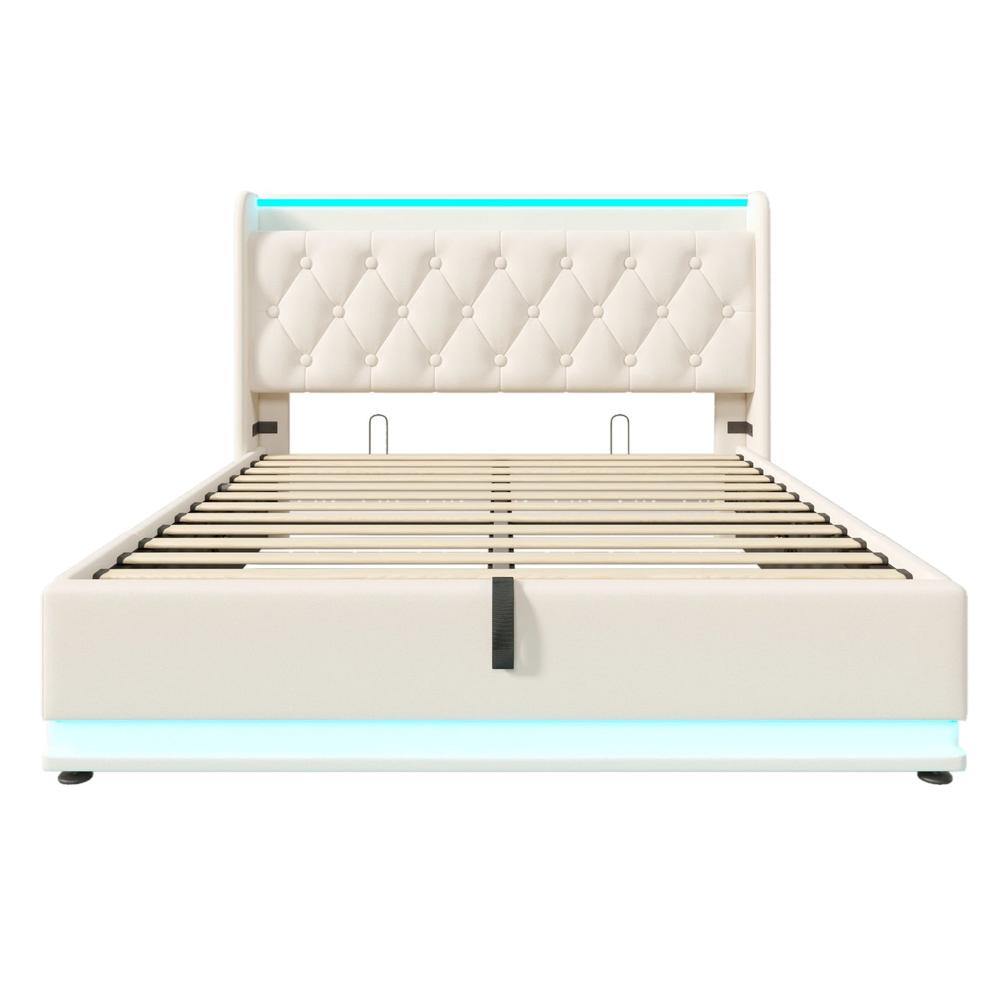 Hydraulisch Tweepersoonsbed – Opbergbed – Storage Bed – Bed Met Lade – Slaapbed – Beige 140x200 cm – Met Zacht Gestoffeerd Hoofdbord – Houten Frame Met Metalen Lattenbodem - QUORE