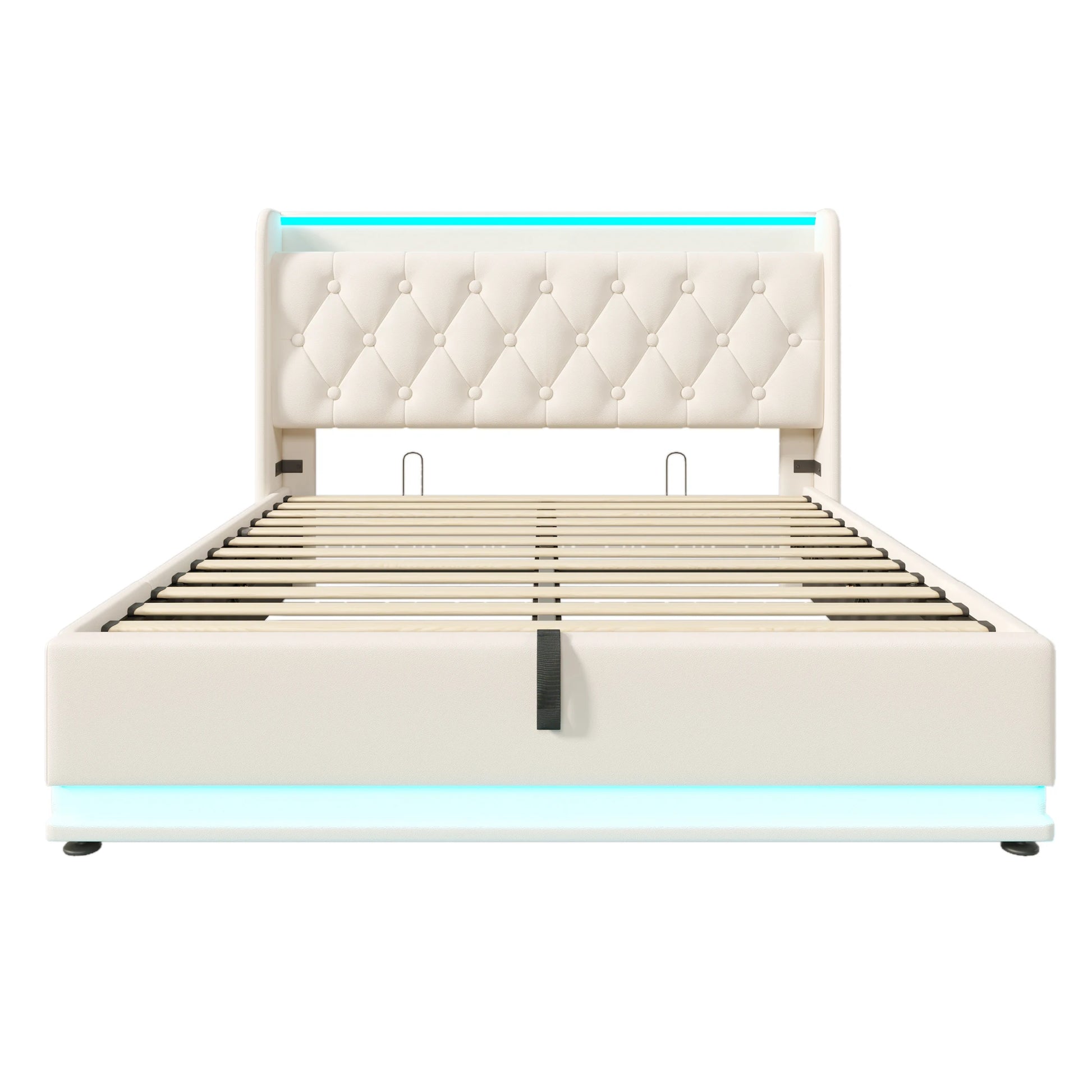 Hydraulisch Tweepersoonsbed – Opbergbed – Storage Bed – Bed Met Lade – Slaapbed – Beige 140x200 cm – Met Zacht Gestoffeerd Hoofdbord – Houten Frame Met Metalen Lattenbodem - QUORE