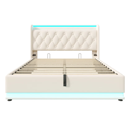 Opbergbed – Eenpersoonsbed – Gestoffeerd Bed – Slaapbank – Opbergruimte – 90x200 cm – Hydraulisch Opbergsysteem – LED Verlichting & USB Type-C - QUORE