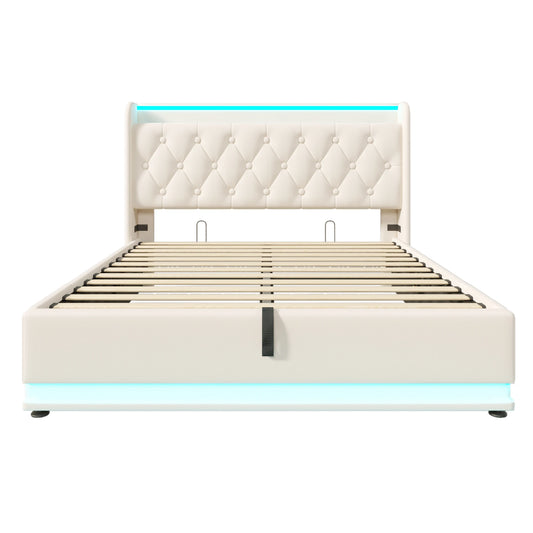 Opbergbed – Eenpersoonsbed – Gestoffeerd Bed – Slaapbank – Opbergruimte – 90x200 cm – Hydraulisch Opbergsysteem – LED Verlichting & USB Type-C - QUORE