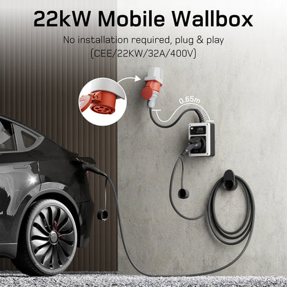 Mobiele 22KW Wallbox – Mobiele Lader – Elektrische Auto Oplader – EV Laadstation – Draagbare Laadpaal – Met App – Snel Laden Tot 22KW – Veilig Met Aardlekschakelaar - QUORE