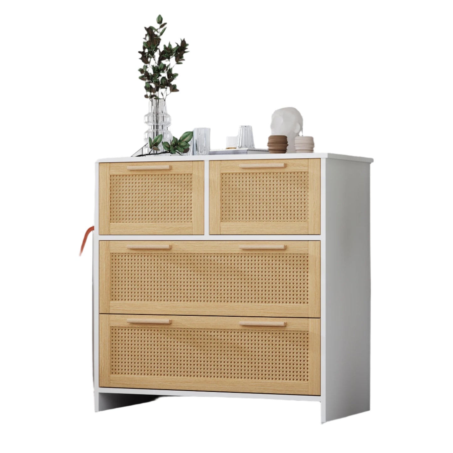 Kast – Opbergkast – Ladekast – Rietenkast – 4 Laden – Natuurlijk Materiaal – Kantelbeveiliging - 80 x 80 x 38 cm - Lichte Koffie