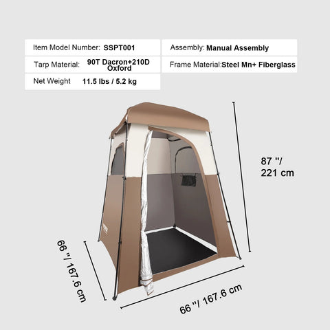 Camping Shower Tent - Shower Tent - Changing Tent - 66" x 66" x 87" - Outdoor - Privacy - Portable - Shelter - Removable Roof - Hanging Rope - Brown