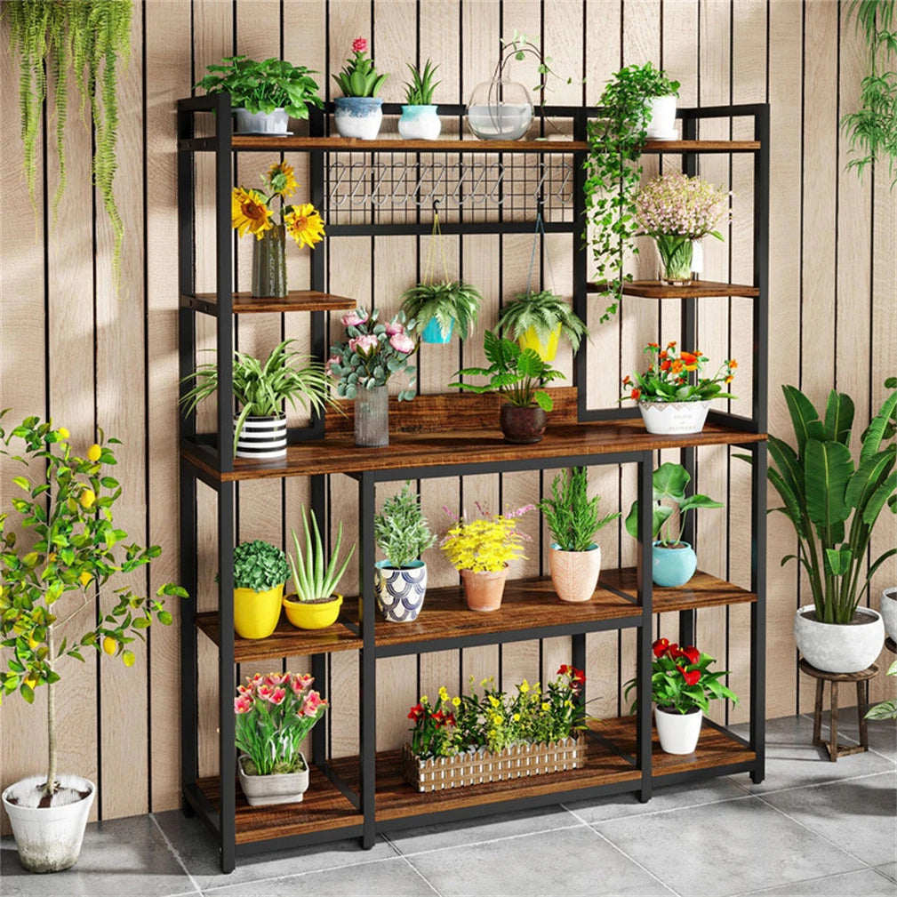 5-Laags Baker's Rack – Keukenrek – Opbergrek – Magnetronrek – Industriële Stelling – 120x30x170 cm – Metaal met MDF – 6 Haken en Anti-Kantelbeveiliging - QUORE