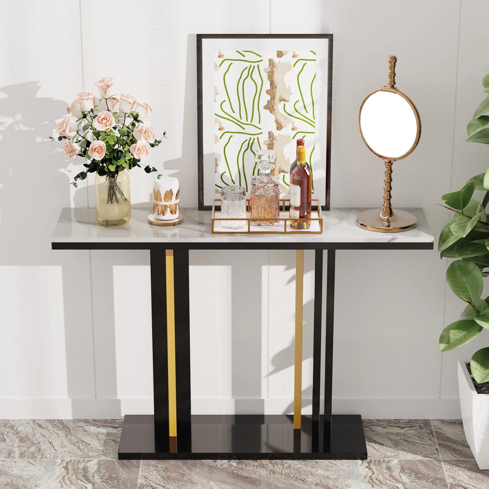 Consoletafel - Wandtafel - Haltafel - Sidetafel - Moderne Stijl - met Rastervormige Metalen Voet - Moderne Hedendaagse Stijl - 118 x 30 x 78cm - Wit - QUORE
