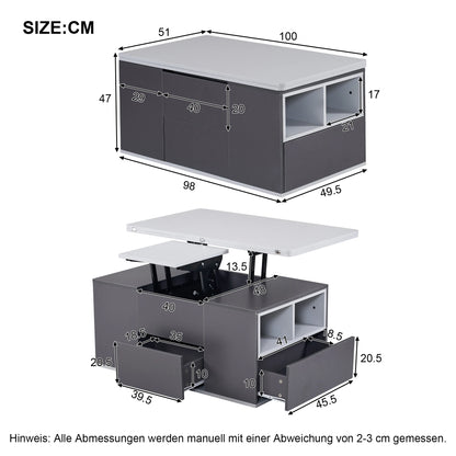 Multifunctionele Uitschuifbare Salontafel – Coffee Table – Woonkamertafel – Bijzettafel – Eettafel – Hoogteverstelbaar – Met 3 Lades en Open Opbergruimte