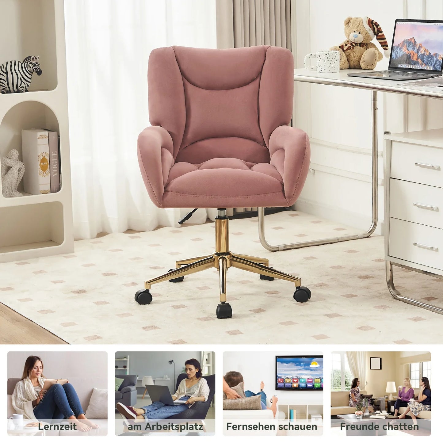 Bureaustoel – Velvet Stoel – Thuiswerkstoel – Kantoorstoel – Roze Bekleding – Gouden Metalen Poten – Ergonomische Rugleuning