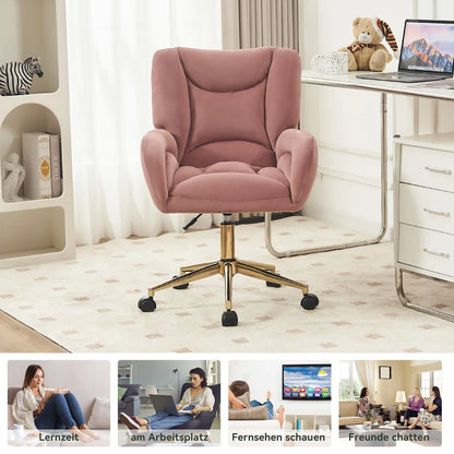 Bureaustoel – Velvet Stoel – Thuiswerkstoel – Kantoorstoel – Roze Bekleding – Gouden Metalen Poten – Ergonomische Rugleuning