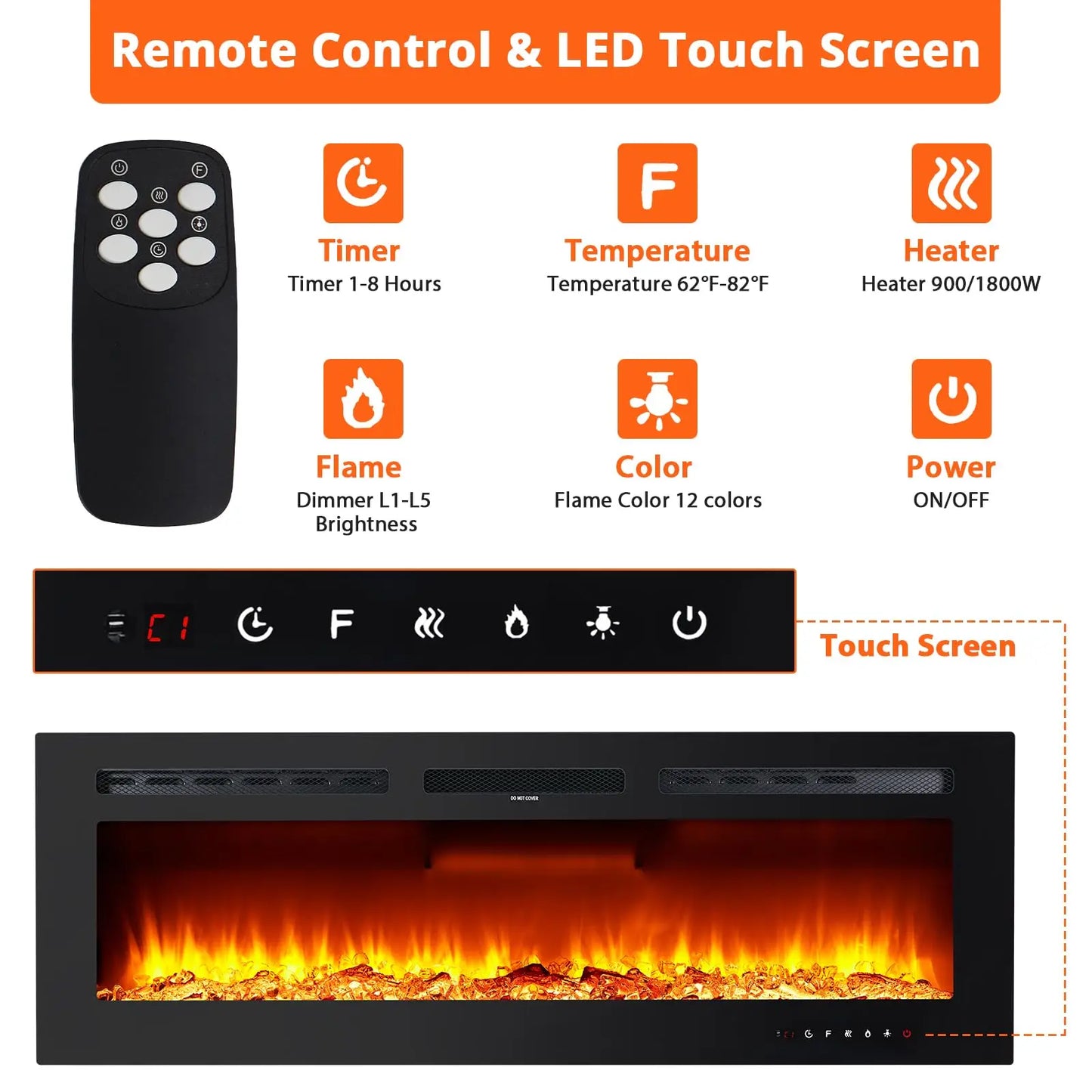 Elektrische Haard 3D Haard Wandhaard Sfeerverwarming LED Open Haard – 60 Inch 152 cm – 12 Kleuren Vlameffect – 900/1800W Verstelbare Warmte