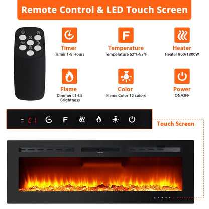 Elektrische Haard 3D Haard Wandhaard Sfeerverwarming LED Open Haard – 60 Inch 152 cm – 12 Kleuren Vlameffect – 900/1800W Verstelbare Warmte