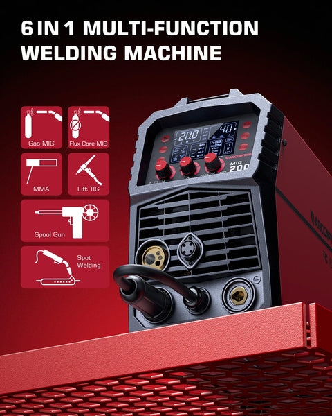 Arccaptain - Lasmachine - Elektrische Lasser - MIG Lasmachine - 6 in 1 - 220V - 200A - Inverter IGBT - Halfautomatische MMA Lift TIG Gas Non-Gas MIG 2T 4T Voor Thuis Lasser - Rood