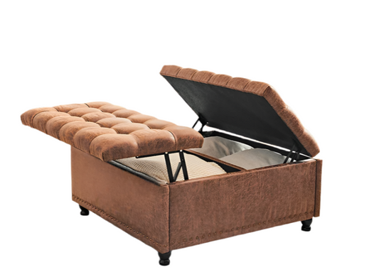 Opbergbank – Opbergkast – Opbergbox – Zitbank – 180 Liter Inhoud – Linnenstof Bekleding – Massief Houten Poten - Bruin Leer