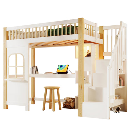 Hoogslaper – Kinderbed – Stapelbed – Bedframe – Huisvormig Bed – 90x200 cm – Massief Hout – Veel Opbergruimte Met Kastjes En Trap