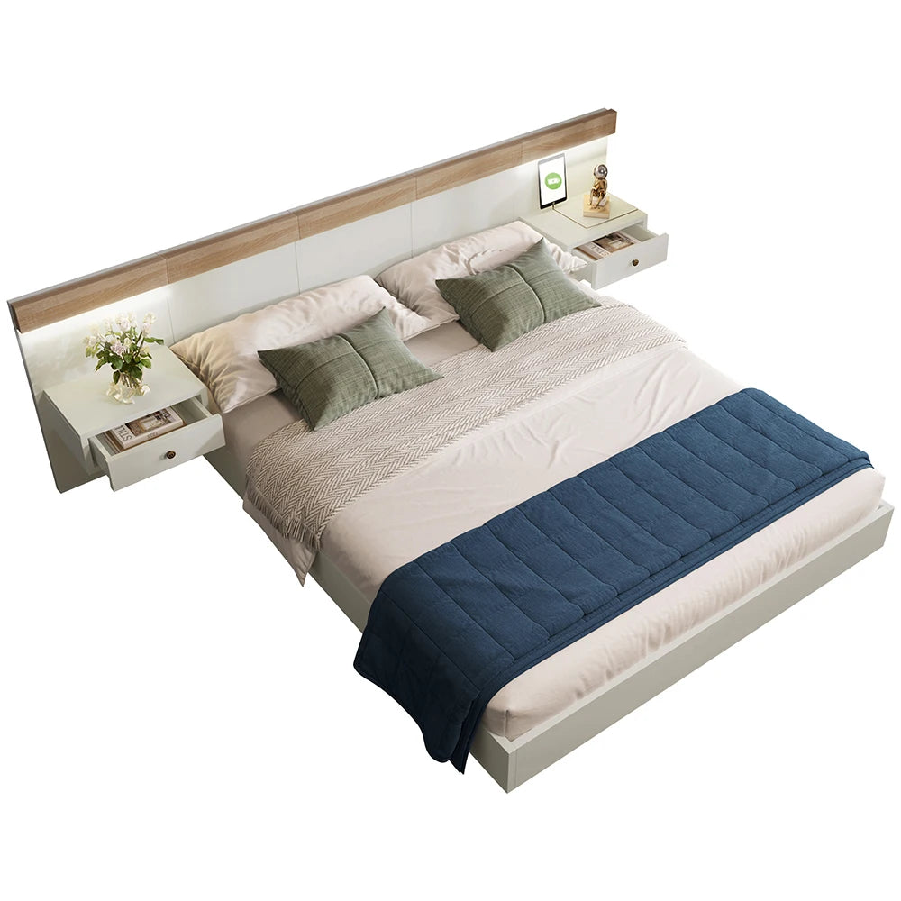 Tweepersoonsbed – Bed – Ledikant – Slaapbank – Bedframe – 180x200 cm – Massief Hout – Ingebouwde USB-C & LED Nachtkastjes - QUORE