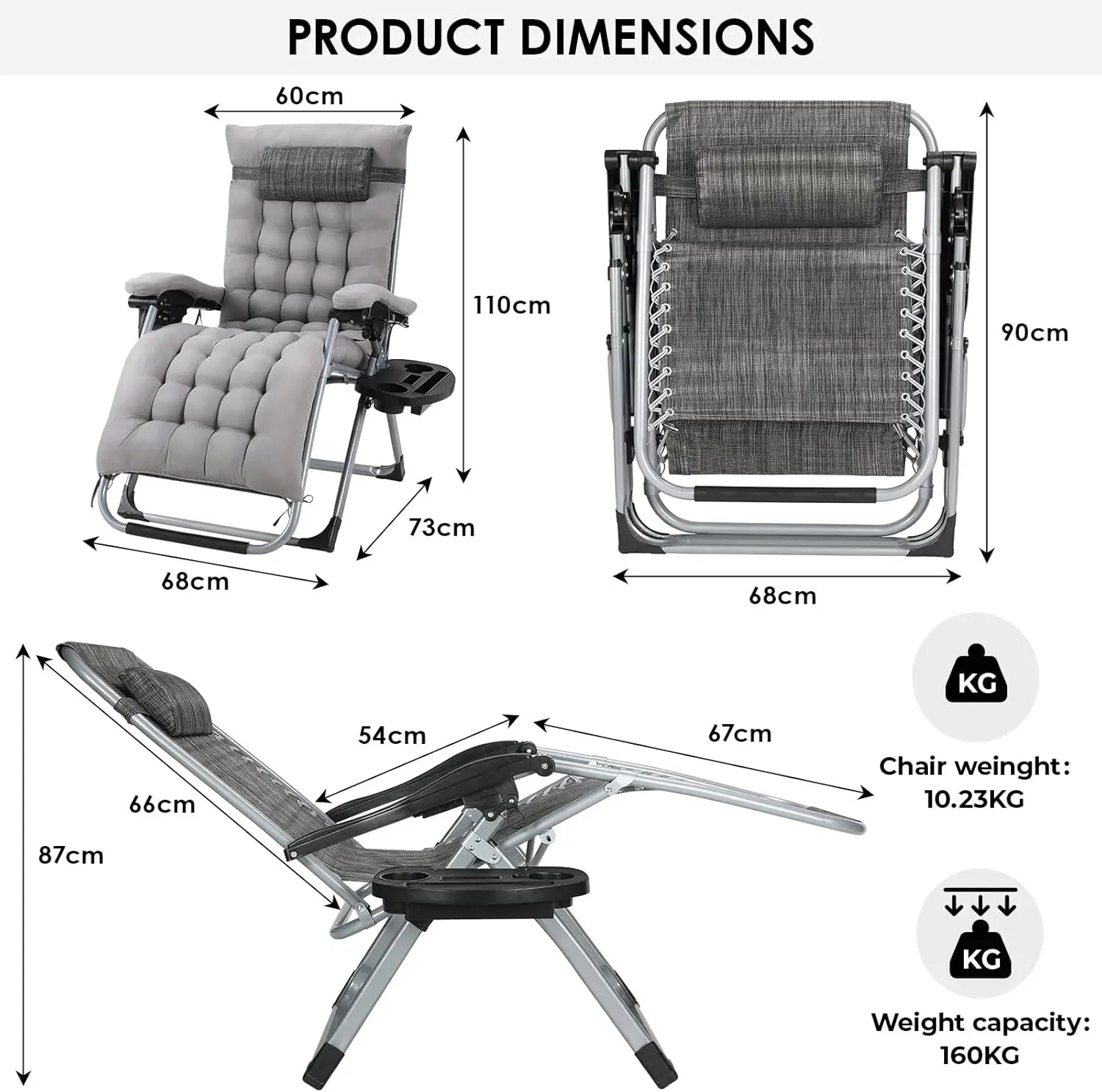 Ligstoel - Tuinstoel - Ligstoel Tuin - Verstelbare Tuinstoel - Standenstoel - Set van 2 - Opvouwbare - Zero Gravity Stoelen – Extra Grote Ligstoelen met Katoenen Kussen – Zwart – Tot 160kg - QUORE