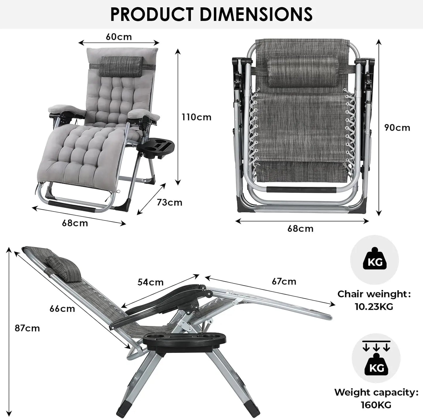 Ligstoel - Tuinstoel - Ligstoel Tuin - Verstelbare Tuinstoel - Standenstoel - Set van 2 - Opvouwbare - Zero Gravity Stoelen – Extra Grote Ligstoelen met Katoenen Kussen – Grijs – Tot 160kg - QUORE