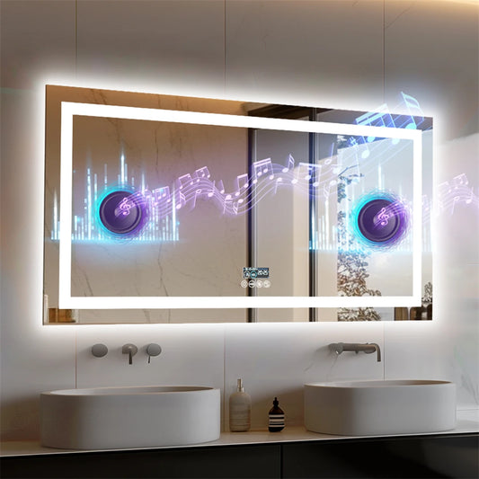 Badkamerspiegel - met LED - Spiegel - Smart Spiegel - Badkamerspiegel met Verlichting - Anti-fog - Dimbaar - Backlit + Front Lit - Digitale Weergave - met Bluetooth - Wandmontage - Waterdicht - Energiezuinig - 1200x600mm