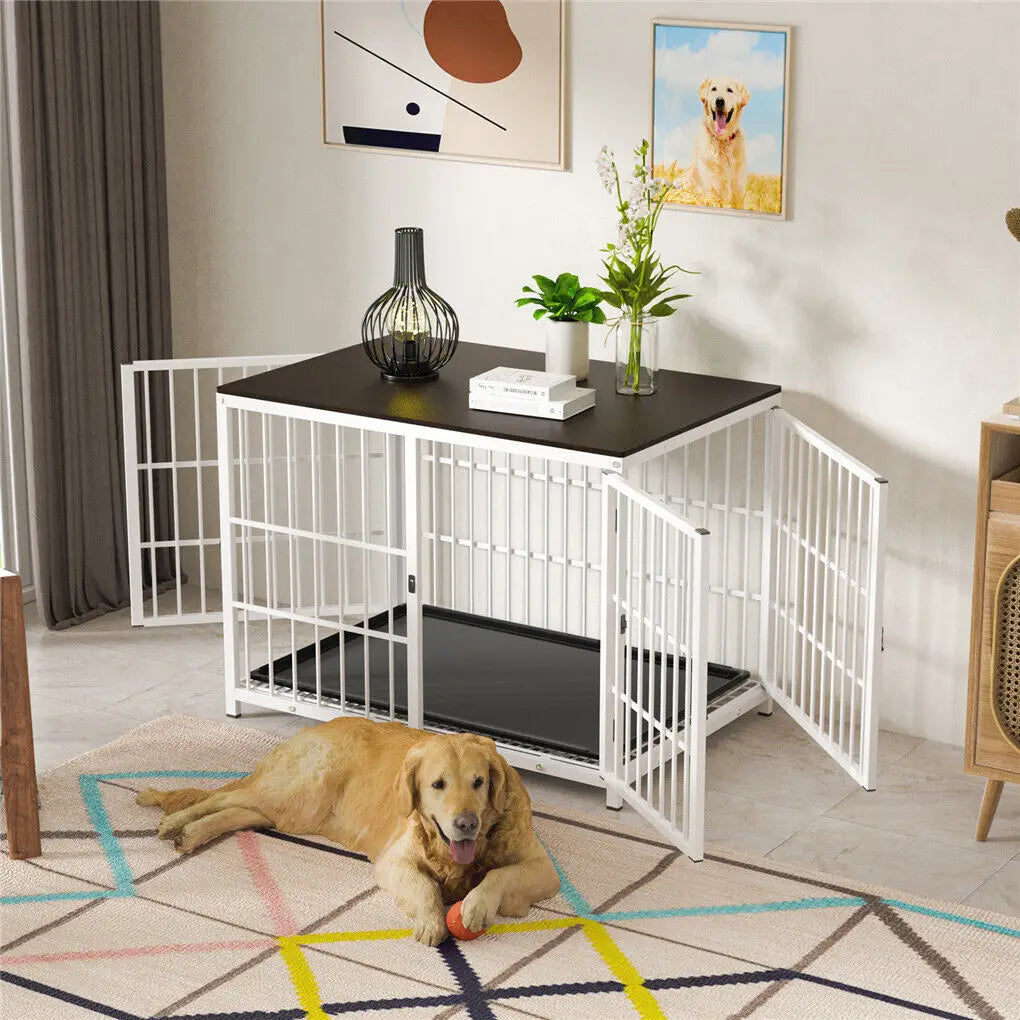 Hondenkennel – Hondenkooi – Hondentuin – Hondenbench – Hondenkooi Met Tafelblad – Wit Met Metalen Frame – Drie Deuren En Uitneembare Onderschaal - QUORE