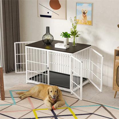 Hondenkennel – Hondenkooi – Hondentuin – Hondenbench – Hondenkooi Met Tafelblad – Wit Met Metalen Frame – Drie Deuren En Uitneembare Onderschaal - QUORE