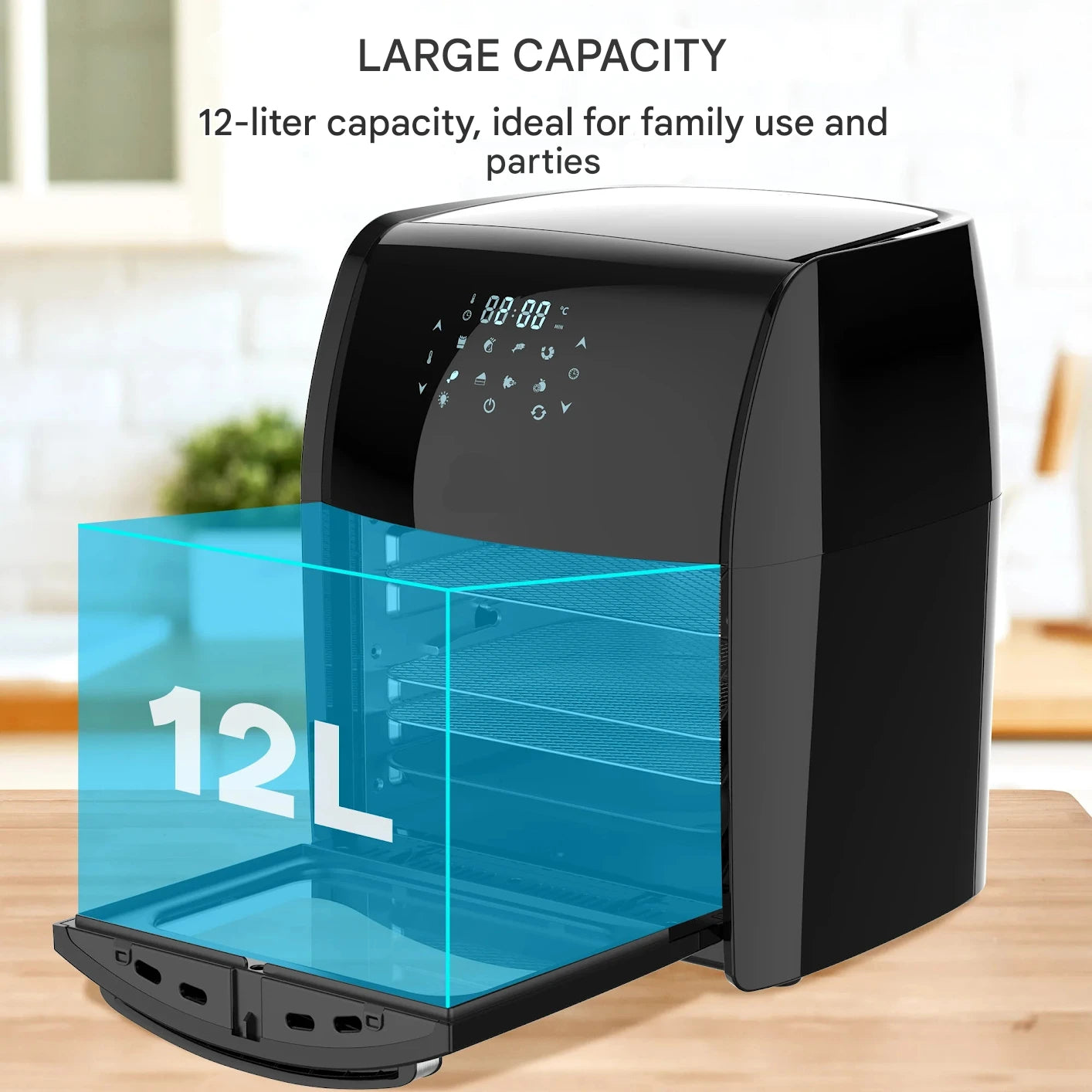 Airfryer - Heteluchtfriteuse - Keukenapparaten - met LED-Touchscreen - Timer - 8 Programma's - 1800W - 12L - 220-240V - 50Hz-60Hz - 35 x 33.5 x 40 cm - Zwart