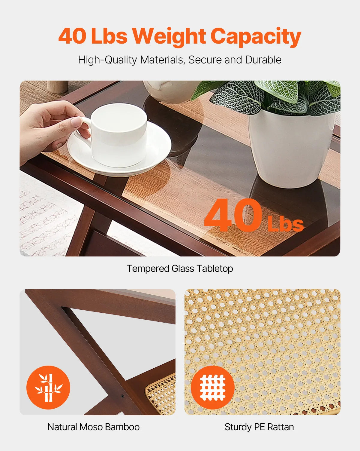 Koffietafel - Table - Coffe table - Living Room Table - Rotan Salontafel - Z-vormig - 47in - Rotan Geweven Bamboe Salontafel - met Gehard Glazen blad - voor Woonkamer Slaapkamer