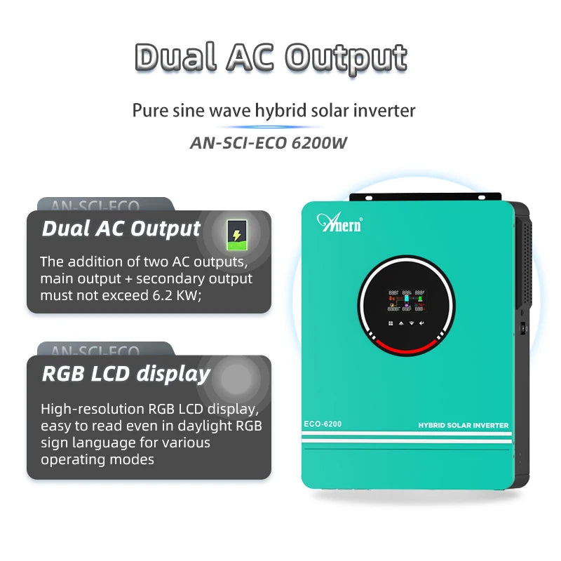 Hybride Zonne-Energie Omvormer – Solar Inverter – PV Omvormer – Energie Omzetter – Zonnestroom Regelaar – Variant Eco-6200 No WiFi – Mppt Lader 120A – Compatibel 12V 24V 48V