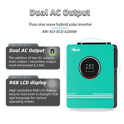 Hybride Zonne-Energie Omvormer – Solar Inverter – PV Omvormer – Energie Omzetter – Zonnestroom Regelaar – Variant Eco-6200 No WiFi – Mppt Lader 120A – Compatibel 12V 24V 48V