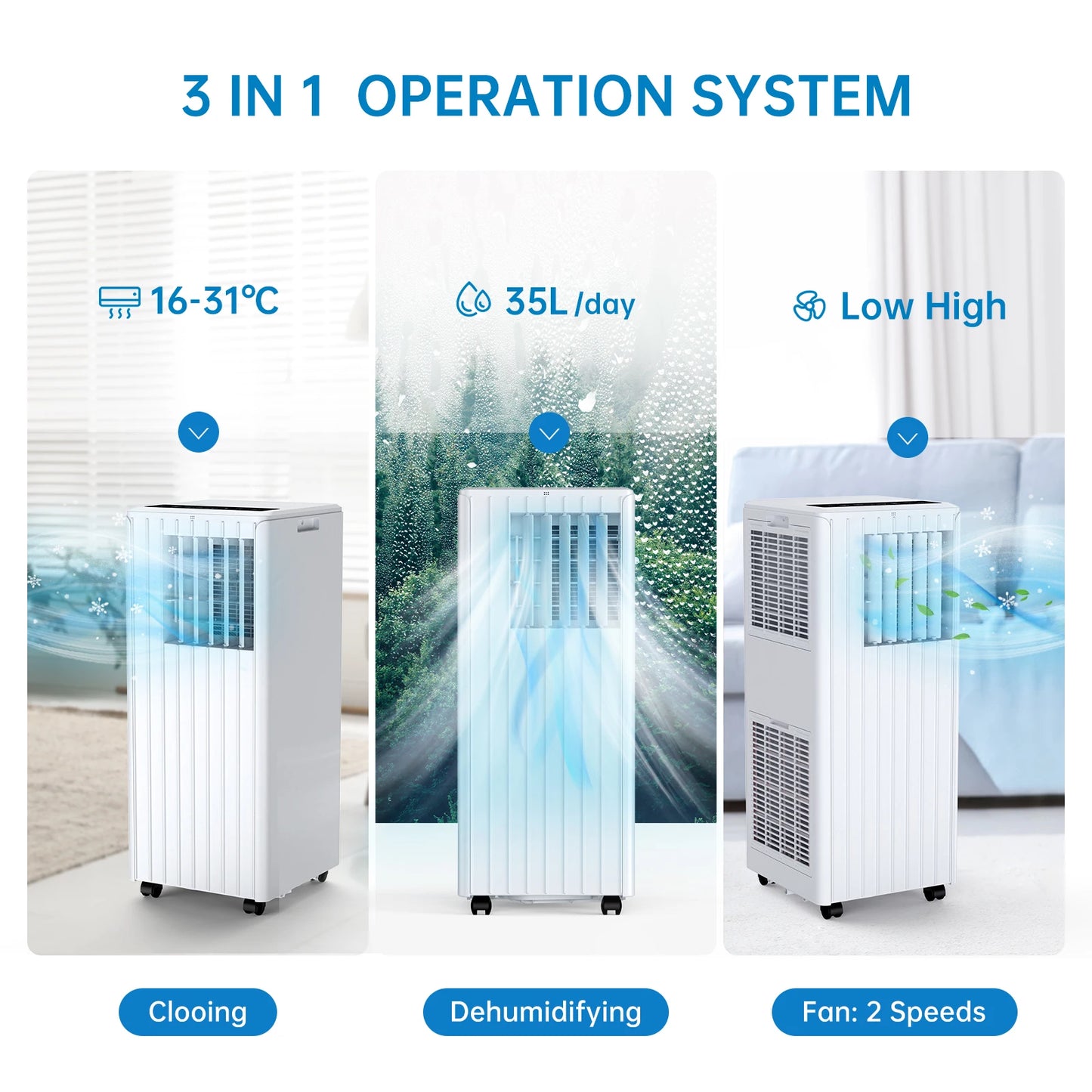 Mobiele Airconditioner – Airco – Luchtontvochtiger – Ventilator – Koeling – 9000 BTU – 30 Liter Ontvochtiging - Wit