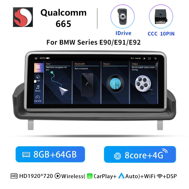 Qualcomm 665 Wireless Carplay Android 14 Car Radio Screen For BMW E90 E91 E92 E93 2005-2012 Multimedia Head Unit idrive Stereo