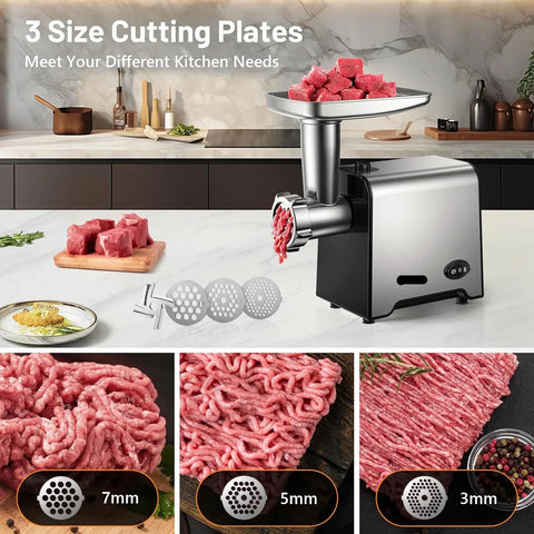 Meat Grinder - Food Processor - Personal Mini Blender Mixer - Juicer Dry Grinder - Sausage Grinder - Heavy Duty Hard Meat Grinder - 350W(1500W Max) - Food Grinder with Blade and 3 Plates - Silver