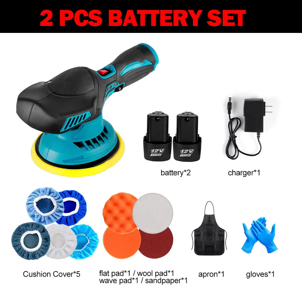 Polijstmachine Auto - Mini - Polijstmachine - Accu - Poetsmachine - 6000RPM Draadloos - 12V Elektrische - 6 Snelheden - Waxen - Compact - Krachtig -2 Batterijsets