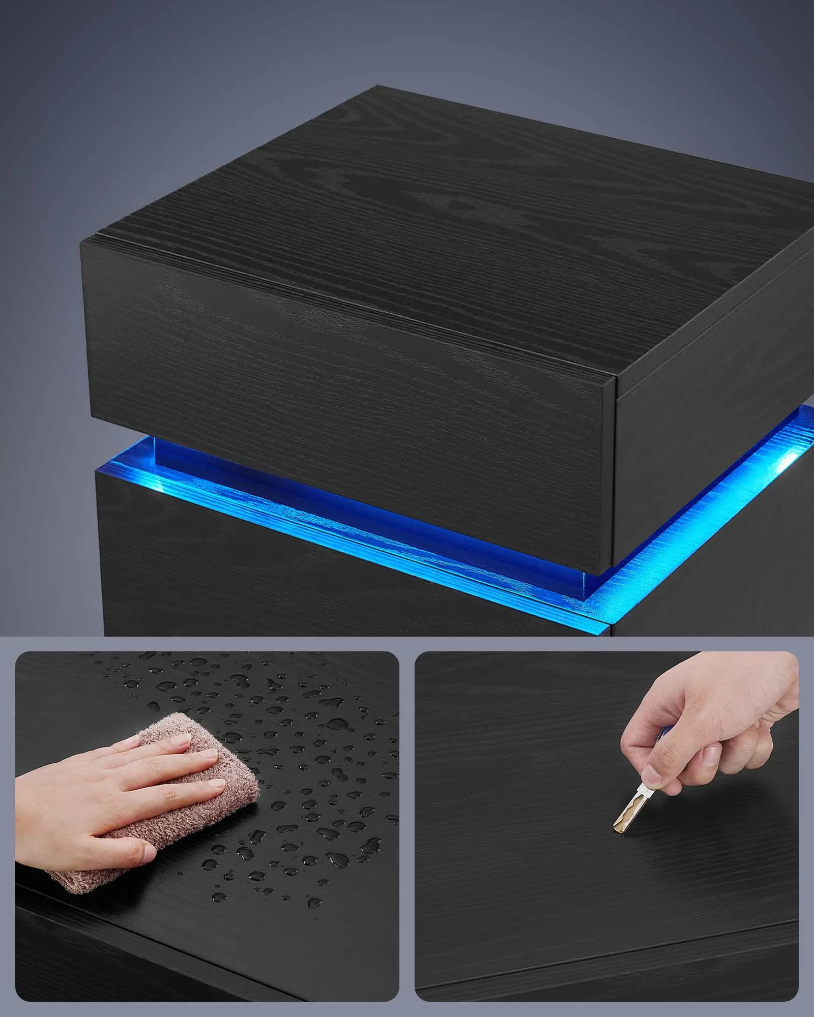 Nachtkastje - Bijzettafel - Salontafel - met LED Verlichting - Kast met 3 Lades - Moderne - Verstelbare Kleuren & Modus – voor Slaapkamer - Woonkamer - Kantoor - Zwart - QUORE