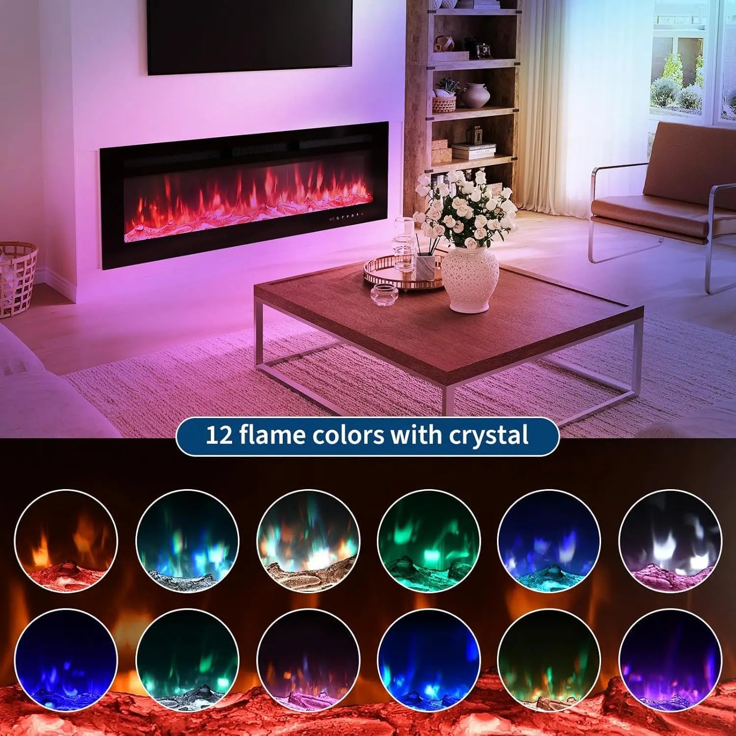 Elektrische haard – Sfeerhaard – Open haard – Elektrische kachel – Wandhaard – 50 inch – 12-kleur vlam effect – 900/1800W met afstandsbediening en app bediening - QUORE