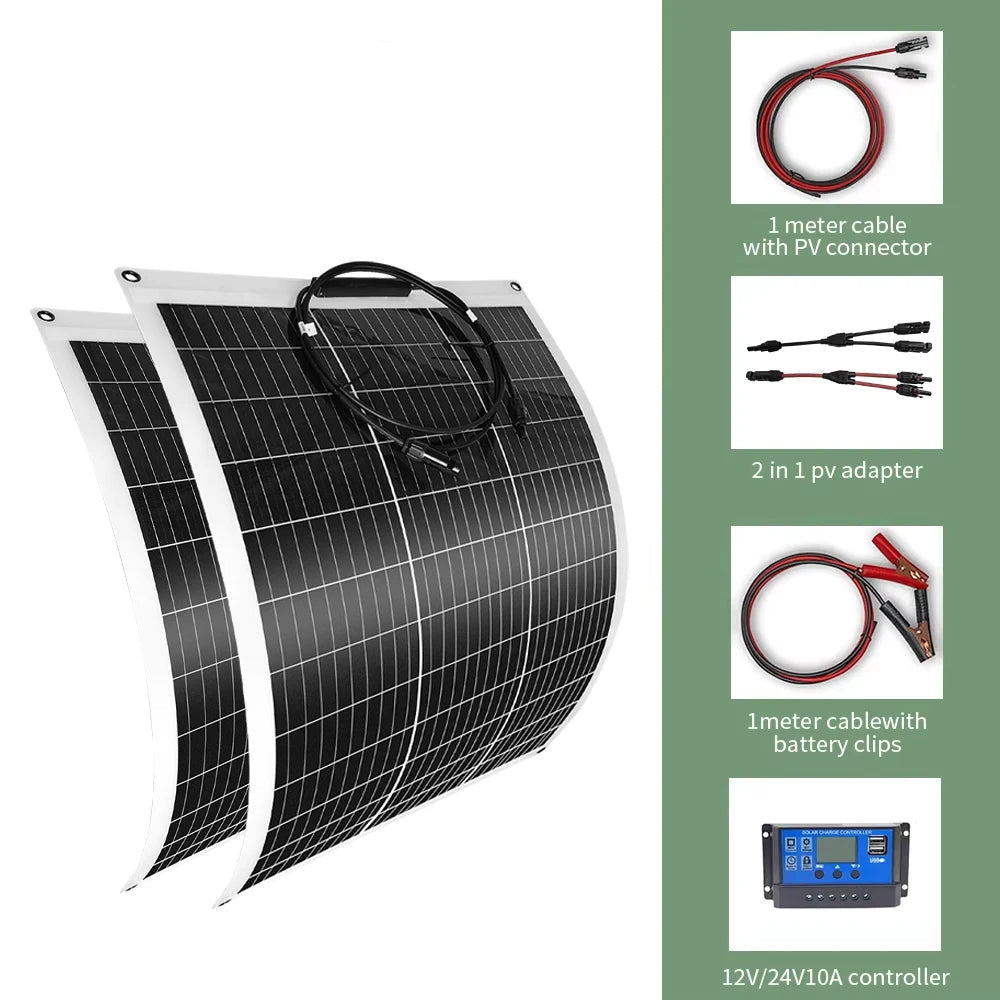 Zonnepanelen - Zonnepaneel Systeem - Monokristallijne Solar Kit - Flexibel - Zonne Energie - 200W - Waterdichte - voor Camping, RV en Thuisgebruik -(2 x 200W Kit)