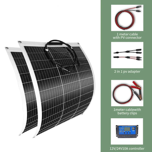 Zonnepanelen - Zonnepaneel Systeem - Monokristallijne Solar Kit - Flexibel - Zonne Energie - 200W - Waterdichte - voor Camping, RV en Thuisgebruik -(2 x 200W Kit)