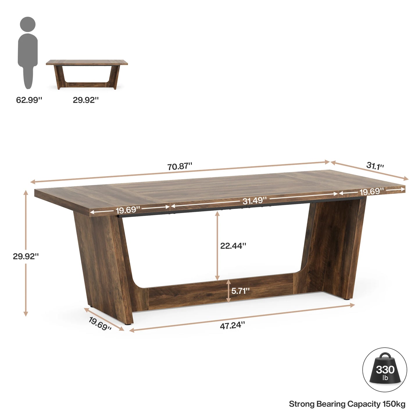 Bureautafel – Schrijftafel – Computerbureau – Werkplek – Houten Constructie – Groot Werkoppervlak – Robuust En Stevig - 180 x 80 x 75.9 cm - Bruin