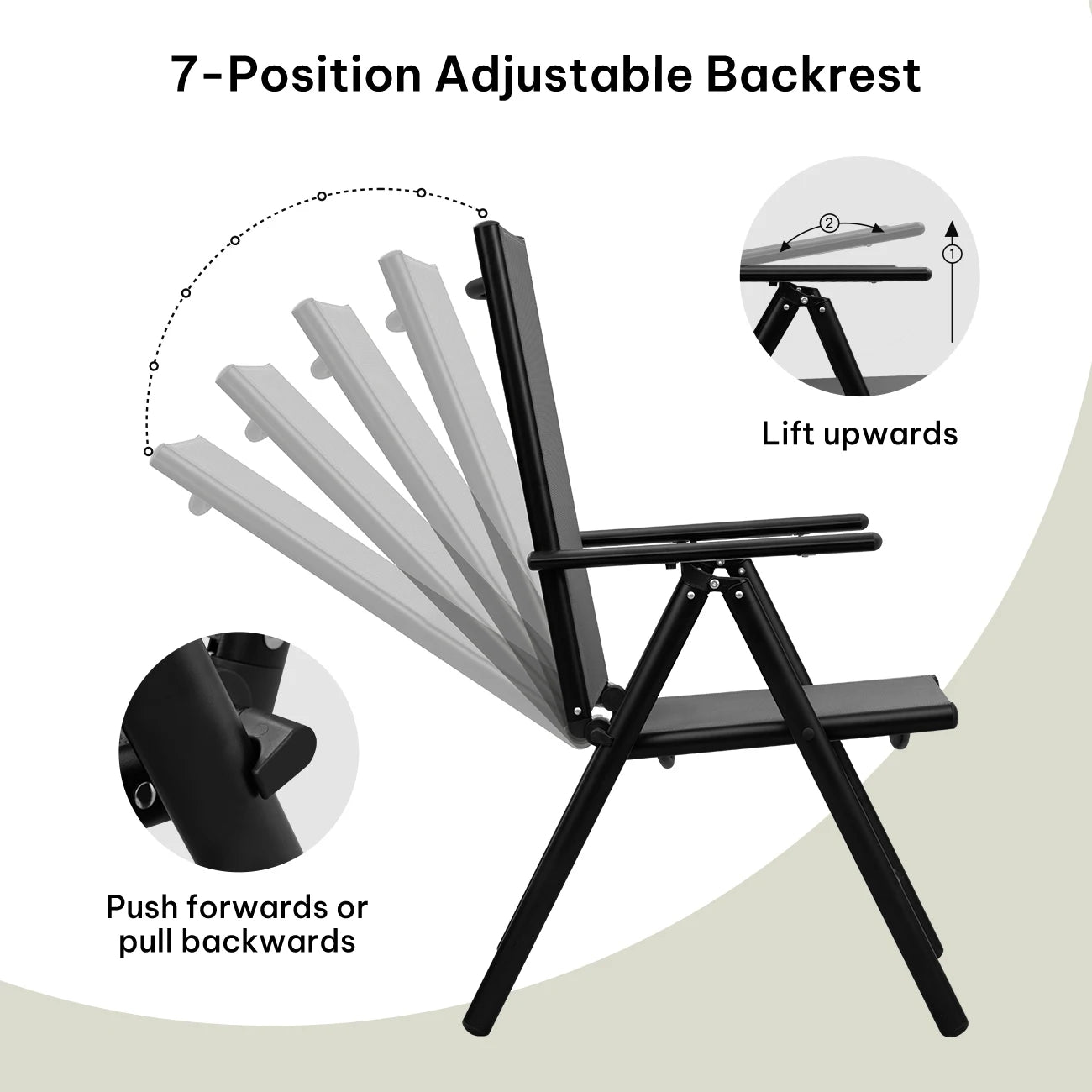 Opvouwbare Tuinstoelen Set van 4 – Inklapbare Stoelen met 7 Standen – Verstelbare Buitenkstoelen – Zwart – 150 kg Draagvermogen – 48x67x84 cm - QUORE